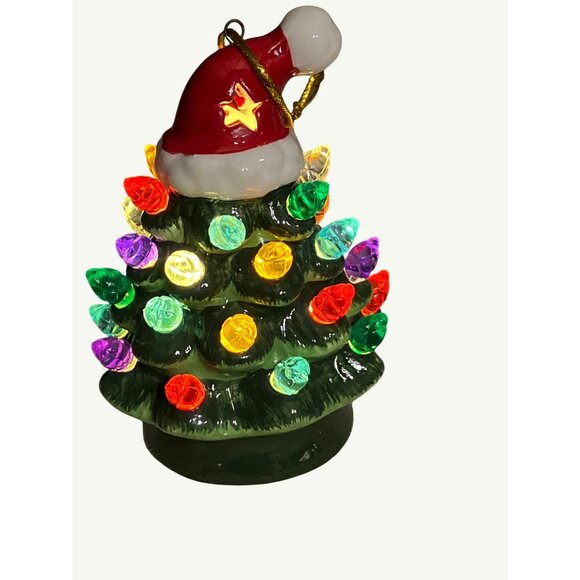 Mini Christmas Tree Ornament W/ Santa Hat Multicolor Bulbs 4." Tall Lights Up - Picture 5 of 9